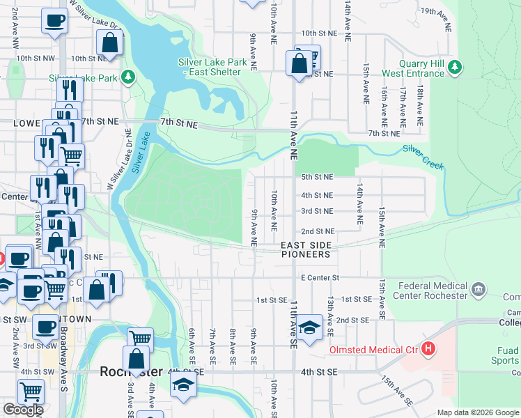 map of restaurants, bars, coffee shops, grocery stores, and more near 306 9th Ave NE in Rochester