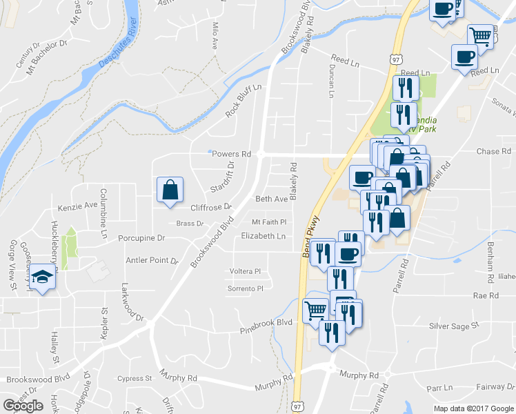 map of restaurants, bars, coffee shops, grocery stores, and more near 20052 Mt Hope Ln in Bend