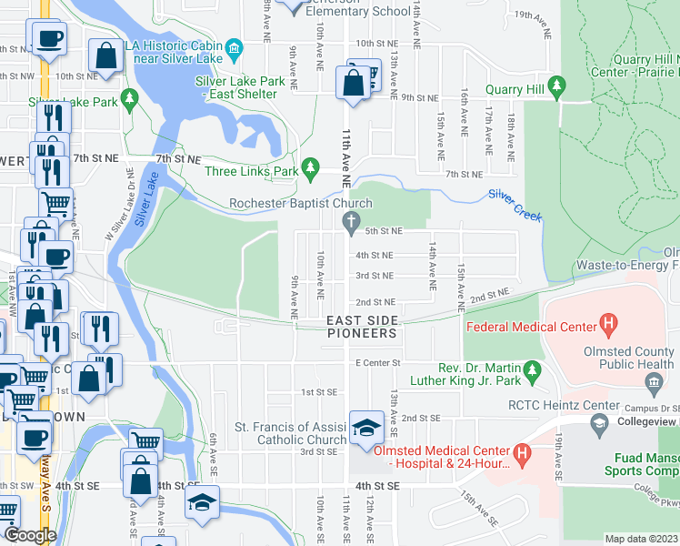 map of restaurants, bars, coffee shops, grocery stores, and more near 307 11th Avenue Northeast in Rochester