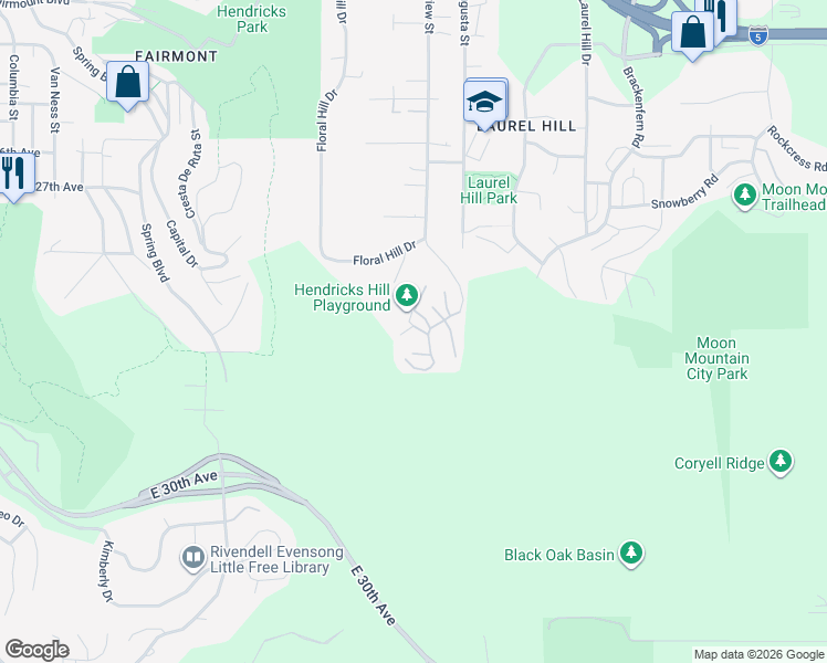 map of restaurants, bars, coffee shops, grocery stores, and more near 3056 Hendricks Hill Dr in Eugene