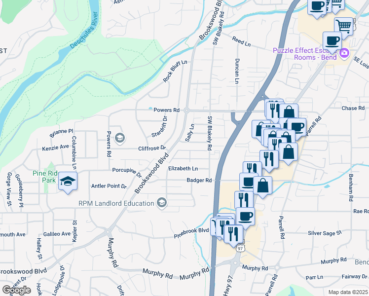 map of restaurants, bars, coffee shops, grocery stores, and more near 20052 Mount Hope Lane in Bend