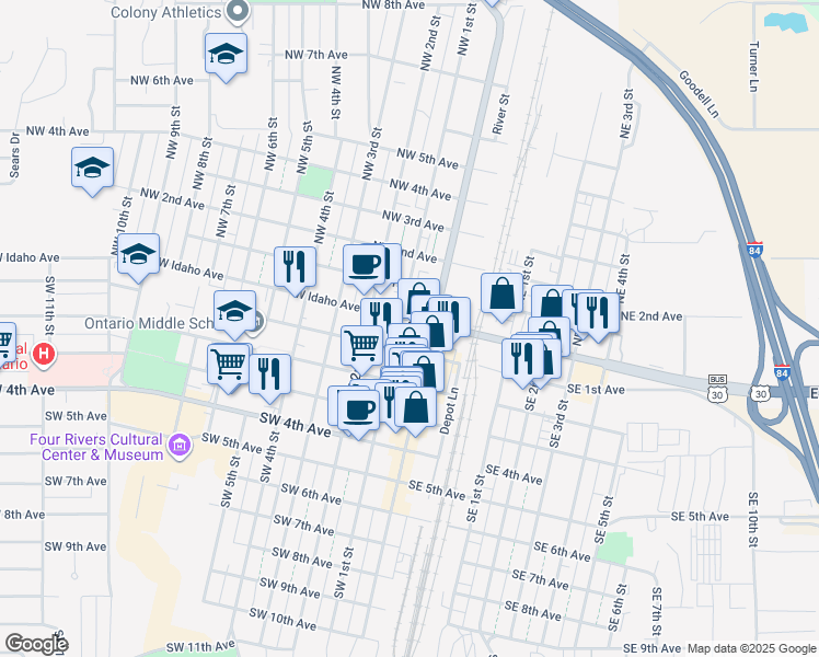 map of restaurants, bars, coffee shops, grocery stores, and more near 94 West Idaho Avenue in Ontario