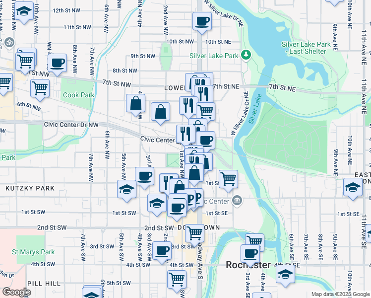 map of restaurants, bars, coffee shops, grocery stores, and more near 300 1st Avenue Northwest in Rochester