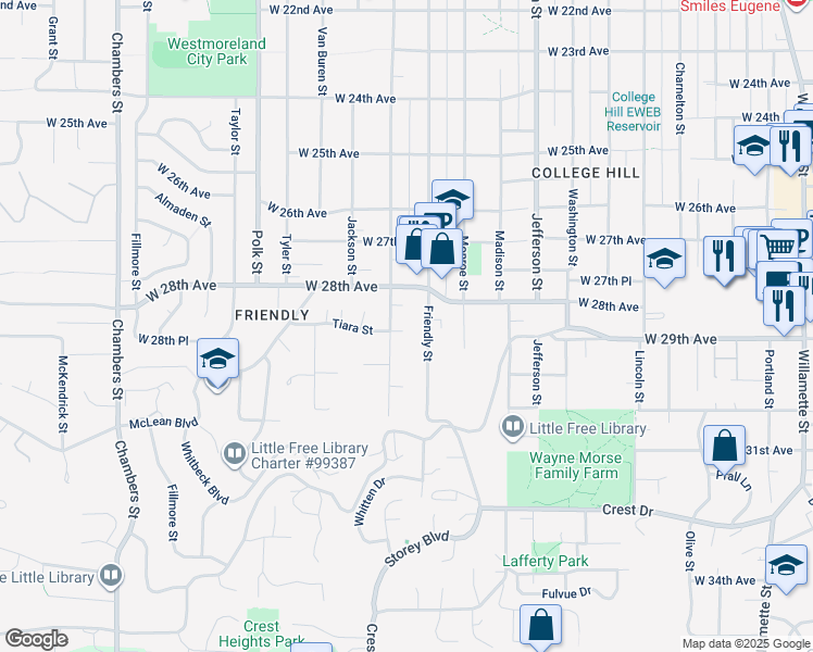 map of restaurants, bars, coffee shops, grocery stores, and more near 2869 Adams Street in Eugene