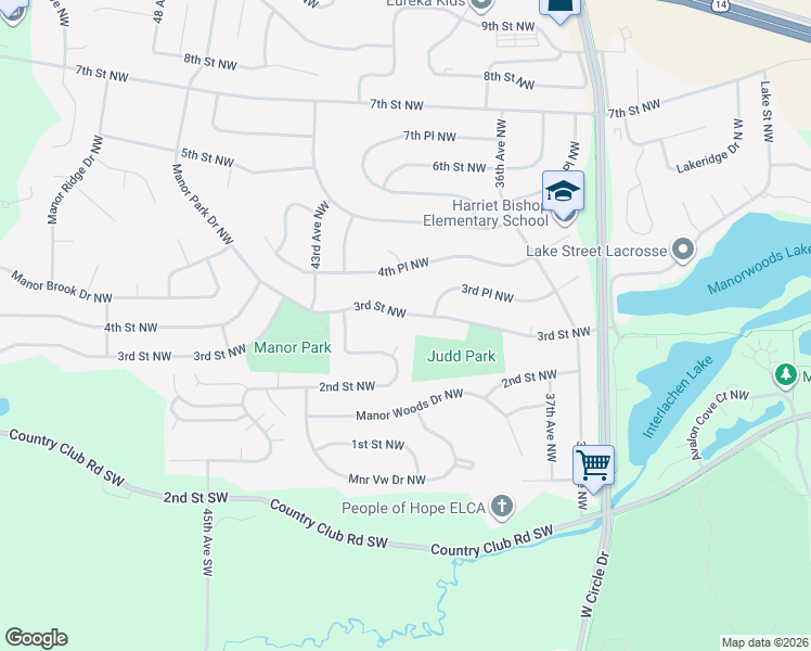 map of restaurants, bars, coffee shops, grocery stores, and more near 4030 3rd Street Northwest in Rochester