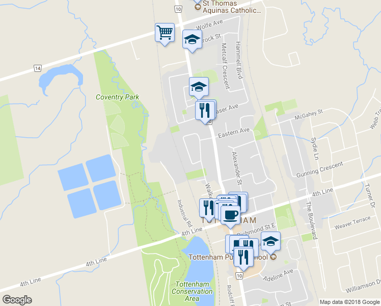 map of restaurants, bars, coffee shops, grocery stores, and more near 31 Park Crescent in New Tecumseth