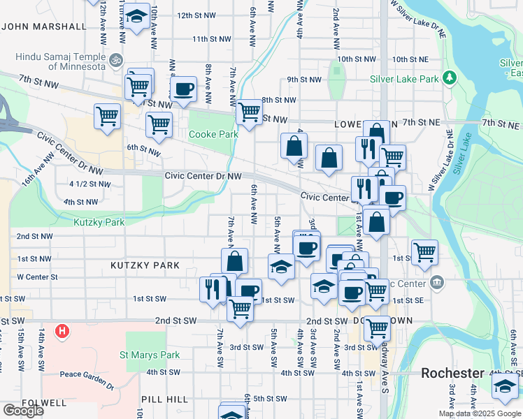 map of restaurants, bars, coffee shops, grocery stores, and more near 521 3rd Street Northwest in Rochester