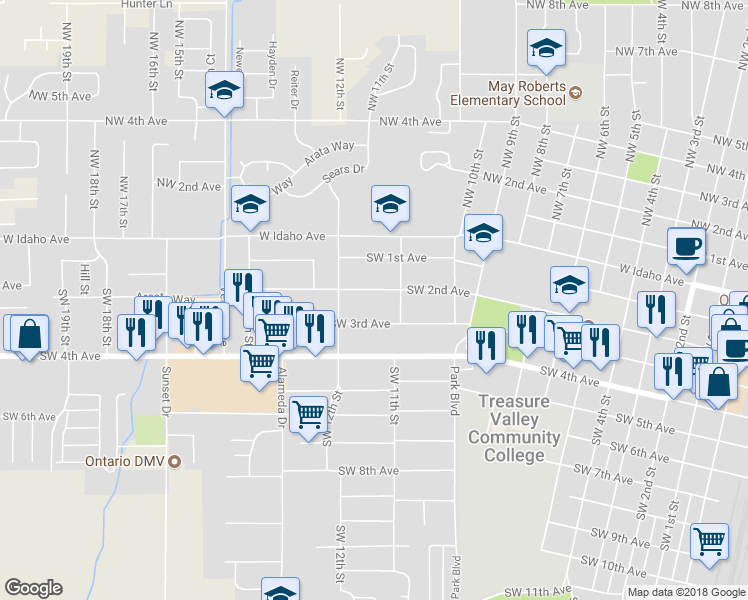 map of restaurants, bars, coffee shops, grocery stores, and more near 1142 Southwest 2nd Avenue in Ontario