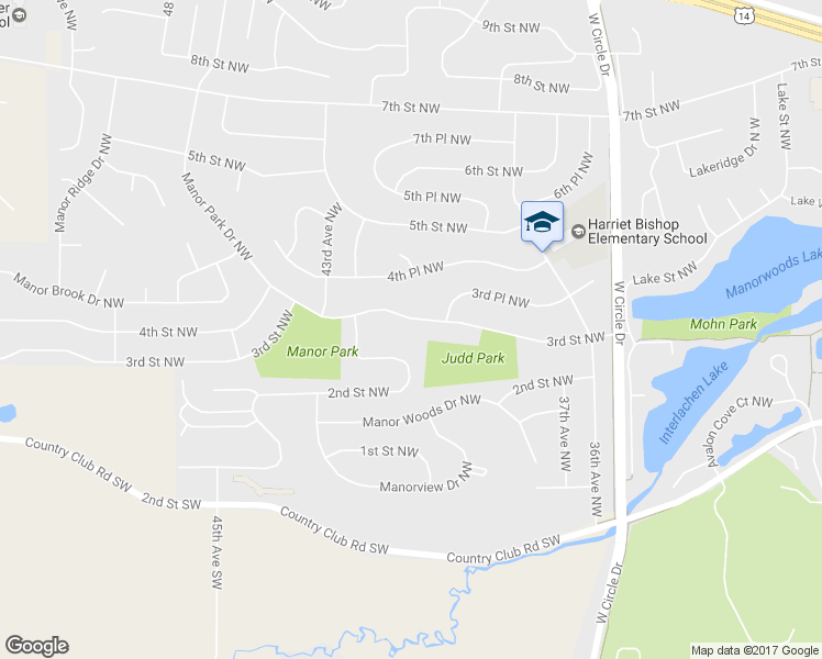 map of restaurants, bars, coffee shops, grocery stores, and more near 4030 3rd Street Northwest in Rochester