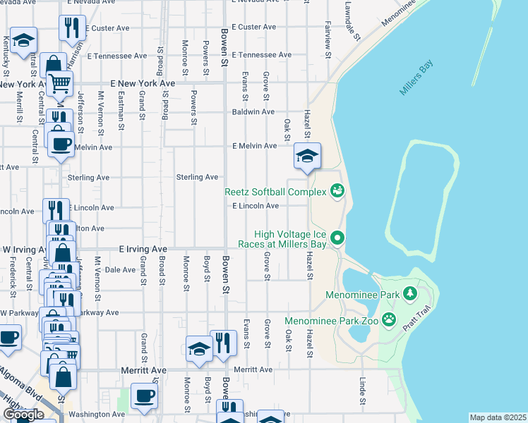 map of restaurants, bars, coffee shops, grocery stores, and more near 755 Grove Street in Oshkosh