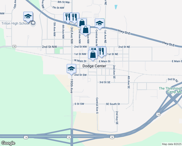 map of restaurants, bars, coffee shops, grocery stores, and more near 18 2nd Street Southwest in Dodge Center