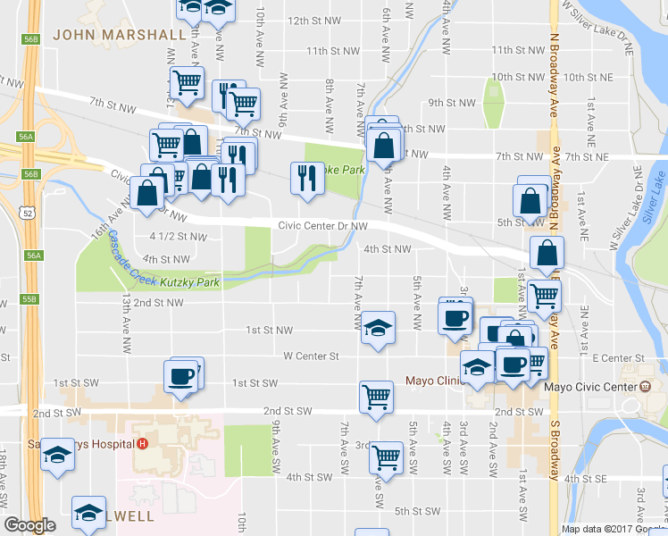 map of restaurants, bars, coffee shops, grocery stores, and more near 723 3rd Street Northwest in Rochester