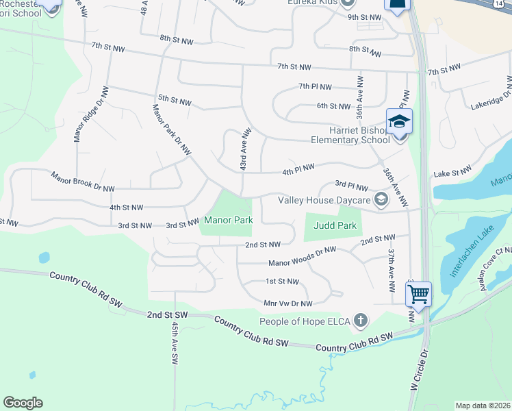 map of restaurants, bars, coffee shops, grocery stores, and more near 4238 Manor Park Drive Northwest in Rochester
