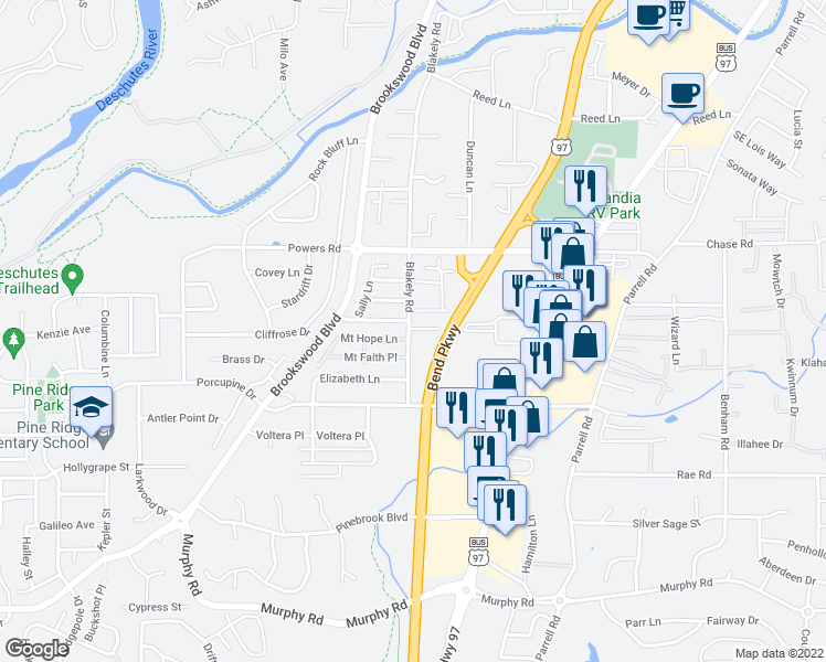 map of restaurants, bars, coffee shops, grocery stores, and more near 61308 Blakely Road in Bend