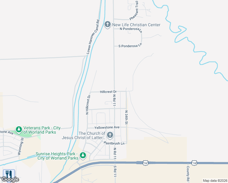 map of restaurants, bars, coffee shops, grocery stores, and more near 1198 Hillcrest Dr in Worland
