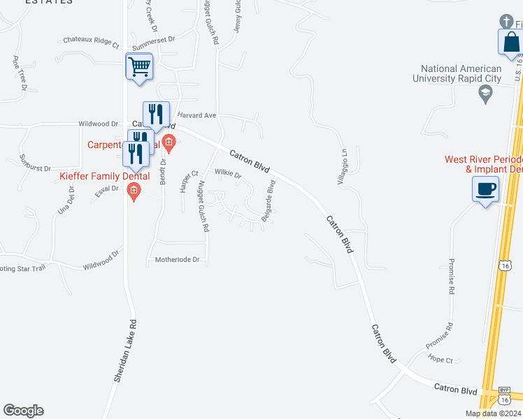 map of restaurants, bars, coffee shops, grocery stores, and more near 2831 Wilkie Drive in Rapid City
