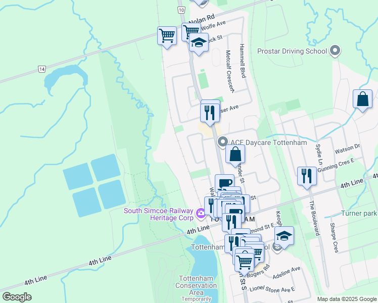 map of restaurants, bars, coffee shops, grocery stores, and more near 31 Park Crescent in New Tecumseth