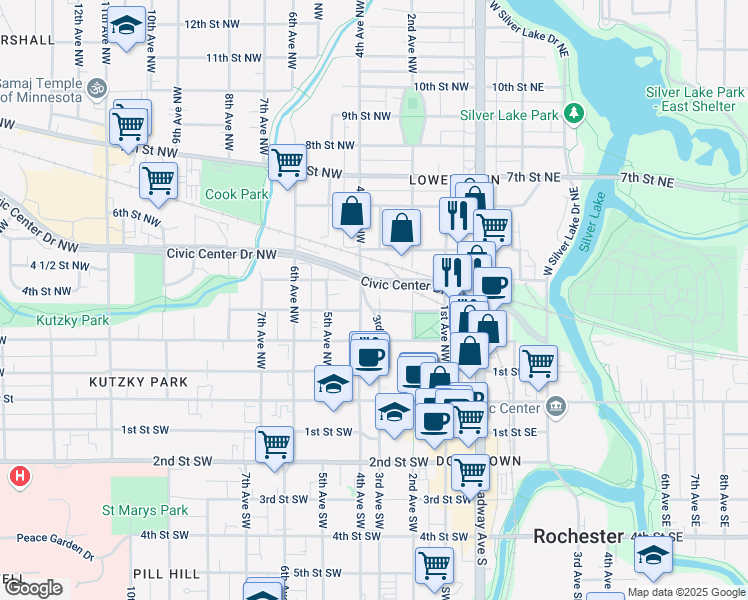map of restaurants, bars, coffee shops, grocery stores, and more near 307 3rd Avenue Northwest in Rochester