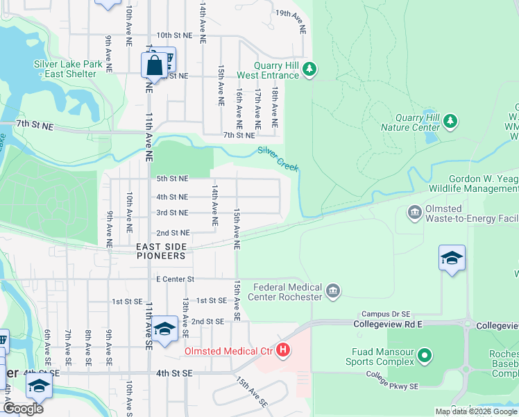 map of restaurants, bars, coffee shops, grocery stores, and more near 1533 3rd Street Northeast in Rochester