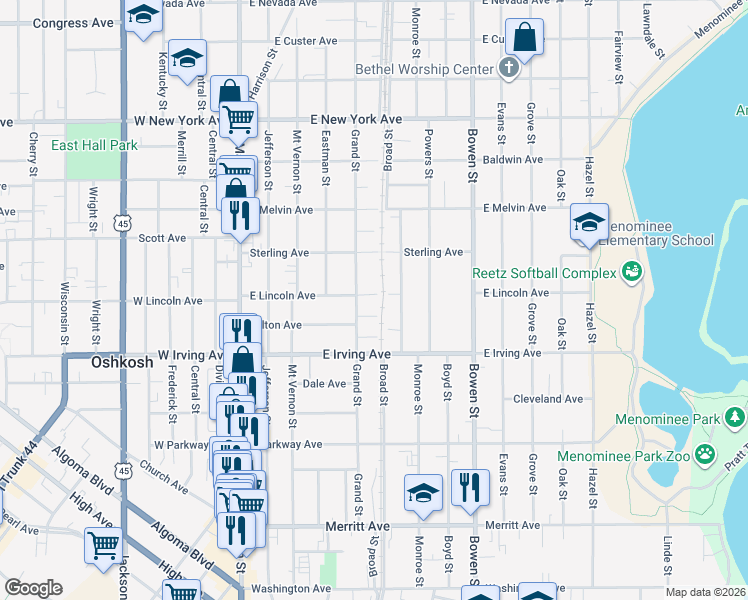 map of restaurants, bars, coffee shops, grocery stores, and more near 417 East Lincoln Avenue in Oshkosh