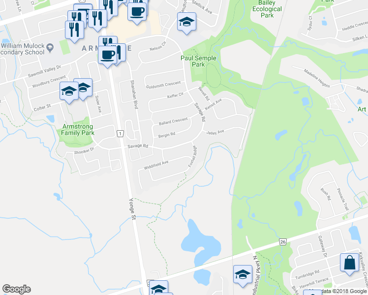 map of restaurants, bars, coffee shops, grocery stores, and more near 337 Savage Road in Newmarket