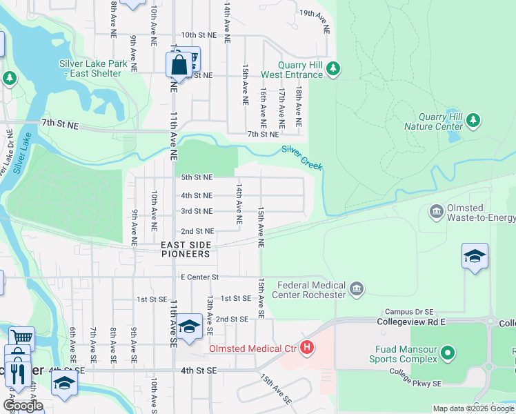 map of restaurants, bars, coffee shops, grocery stores, and more near 1425 3rd Street Northeast in Rochester
