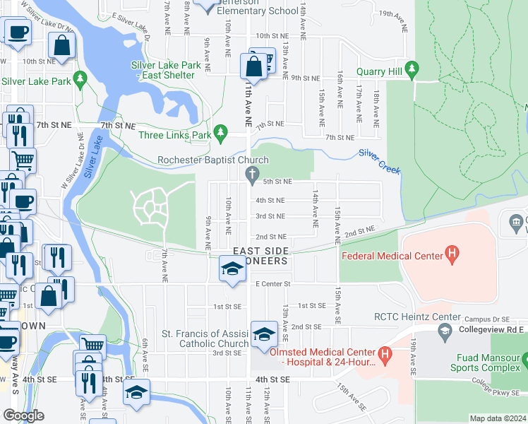 map of restaurants, bars, coffee shops, grocery stores, and more near 1117 3rd Street Northeast in Rochester