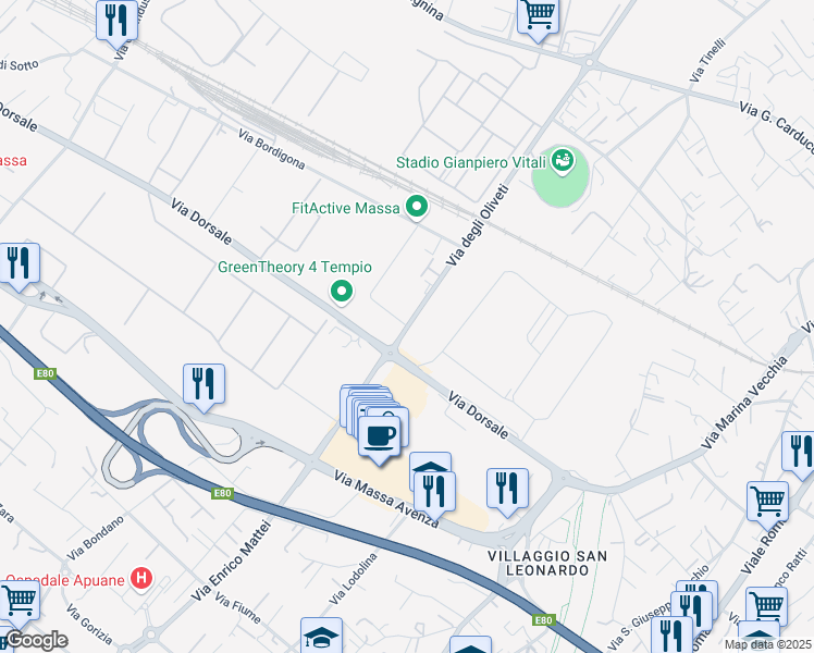 map of restaurants, bars, coffee shops, grocery stores, and more near 110 Via degli Oliveti in Massa