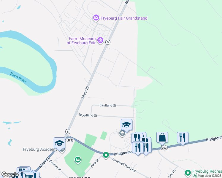 map of restaurants, bars, coffee shops, grocery stores, and more near 12 Fairview Drive in Fryeburg