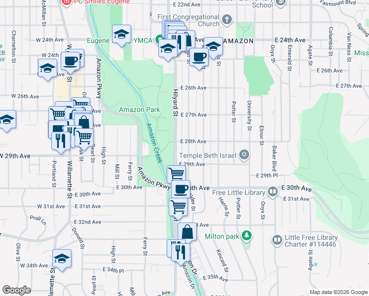 map of restaurants, bars, coffee shops, grocery stores, and more near 2826 Alder Street in Eugene