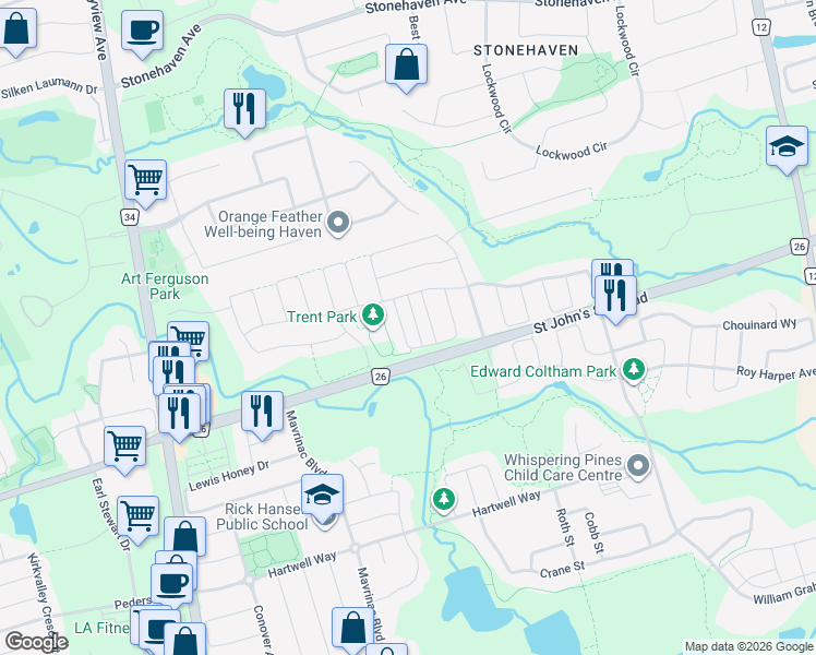 map of restaurants, bars, coffee shops, grocery stores, and more near 55 Payne Crescent in Newmarket