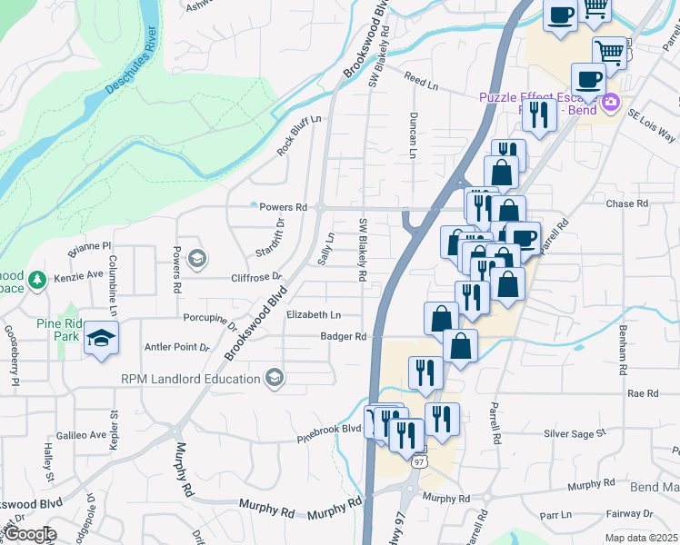 map of restaurants, bars, coffee shops, grocery stores, and more near 20065 Beth Avenue in Bend