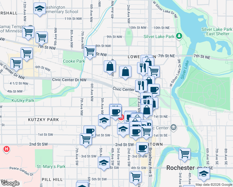 map of restaurants, bars, coffee shops, grocery stores, and more near 307 3rd Avenue Northwest in Rochester