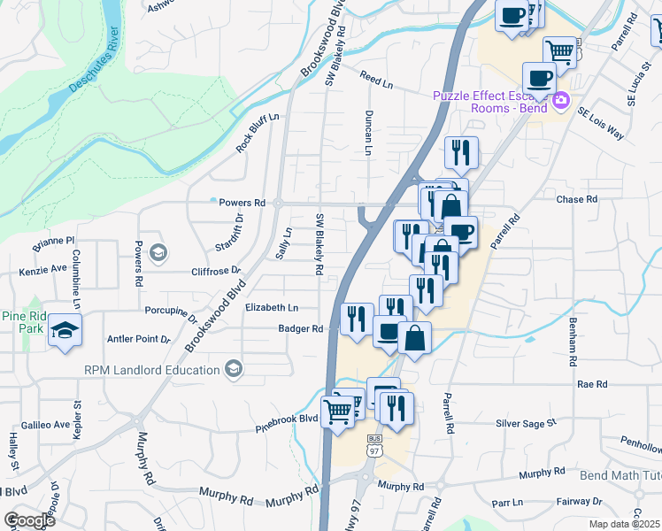 map of restaurants, bars, coffee shops, grocery stores, and more near 61300 Blakely Road in Bend