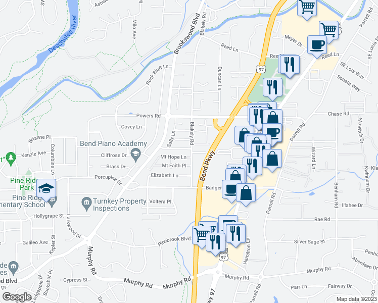 map of restaurants, bars, coffee shops, grocery stores, and more near 20080 Mount Hope Lane in Bend