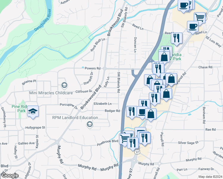 map of restaurants, bars, coffee shops, grocery stores, and more near 20080 Mount Hope Lane in Bend
