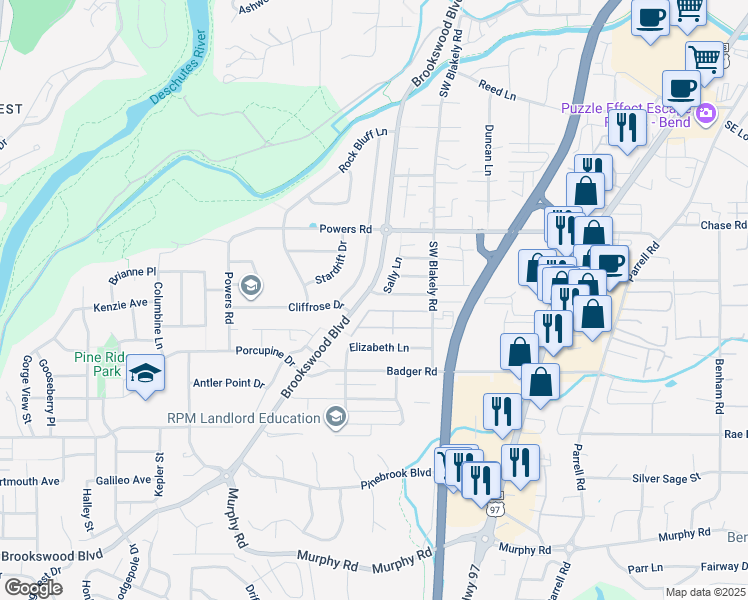 map of restaurants, bars, coffee shops, grocery stores, and more near 20052 Mount Hope Lane in Bend