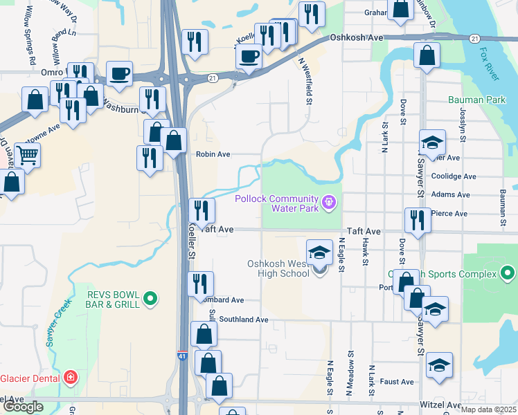 map of restaurants, bars, coffee shops, grocery stores, and more near 705 North Westfield Street in Oshkosh