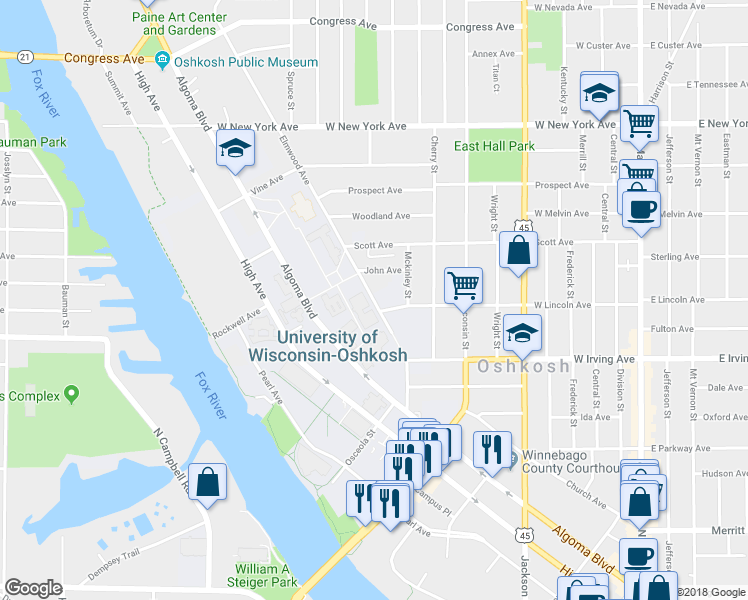 map of restaurants, bars, coffee shops, grocery stores, and more near 826 Elmwood Avenue in Oshkosh