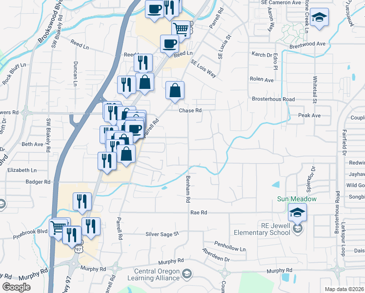 map of restaurants, bars, coffee shops, grocery stores, and more near 61303 Ring Bearer Court in Bend