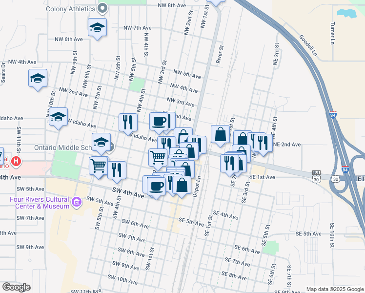 map of restaurants, bars, coffee shops, grocery stores, and more near 52 West Idaho Avenue in Ontario