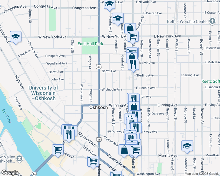 map of restaurants, bars, coffee shops, grocery stores, and more near 232 West Lincoln Avenue in Oshkosh