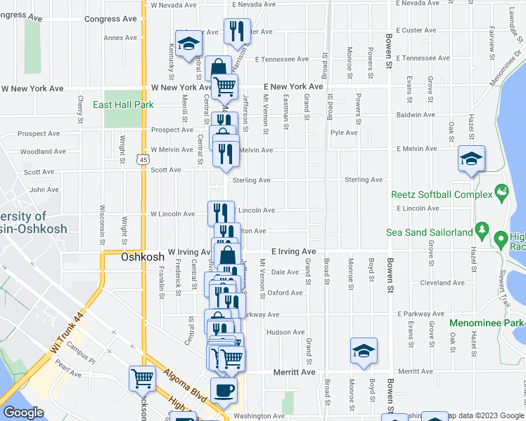 map of restaurants, bars, coffee shops, grocery stores, and more near 217 E Lincoln Ave in Oshkosh