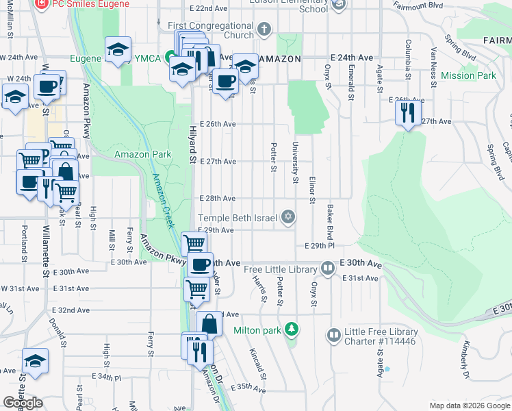 map of restaurants, bars, coffee shops, grocery stores, and more near 2830 Harris Street in Eugene