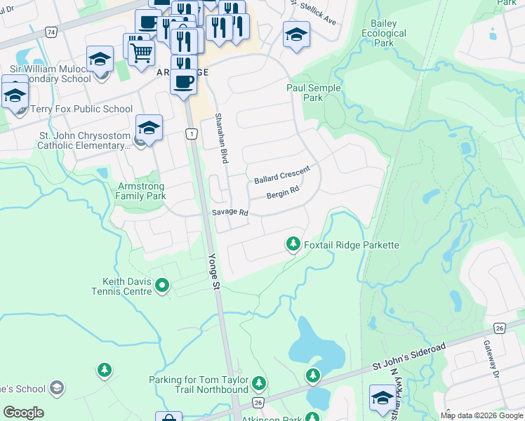 map of restaurants, bars, coffee shops, grocery stores, and more near 374 Savage Road in Newmarket