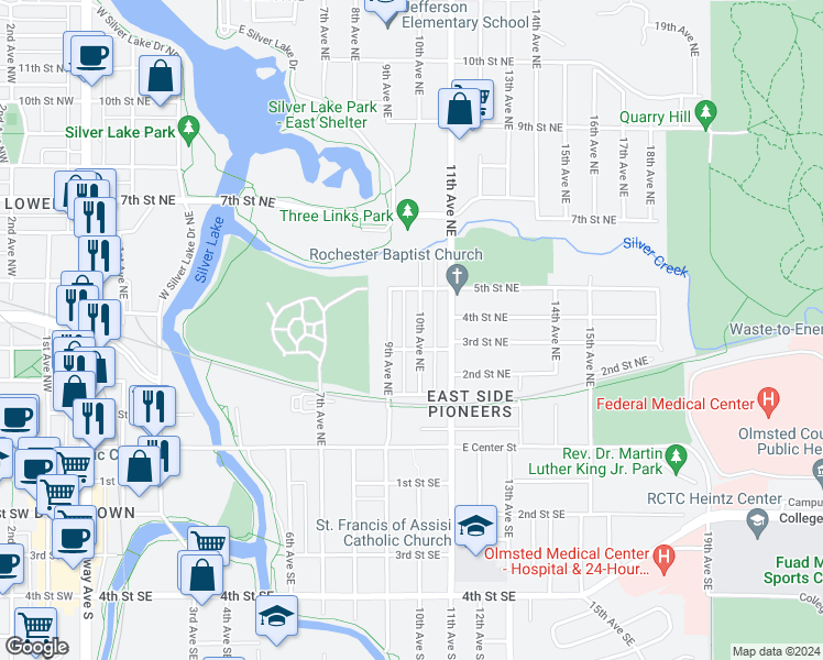 map of restaurants, bars, coffee shops, grocery stores, and more near 317 10th Avenue Northeast in Rochester