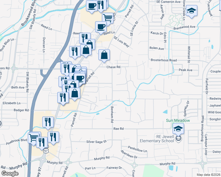 map of restaurants, bars, coffee shops, grocery stores, and more near 61301 Benham Road in Bend