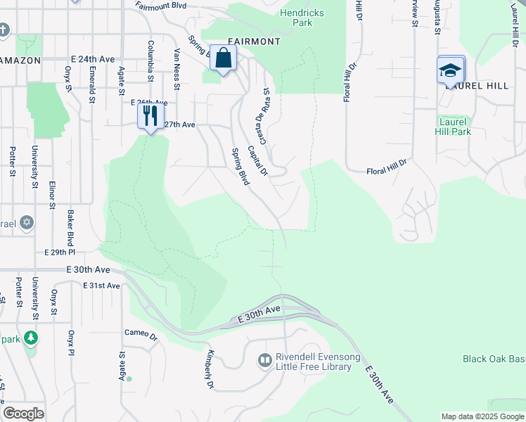 map of restaurants, bars, coffee shops, grocery stores, and more near 2865 Central Boulevard in Eugene
