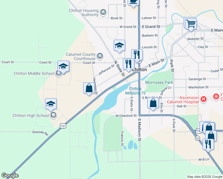 map of restaurants, bars, coffee shops, grocery stores, and more near 151 West Main Street in Chilton