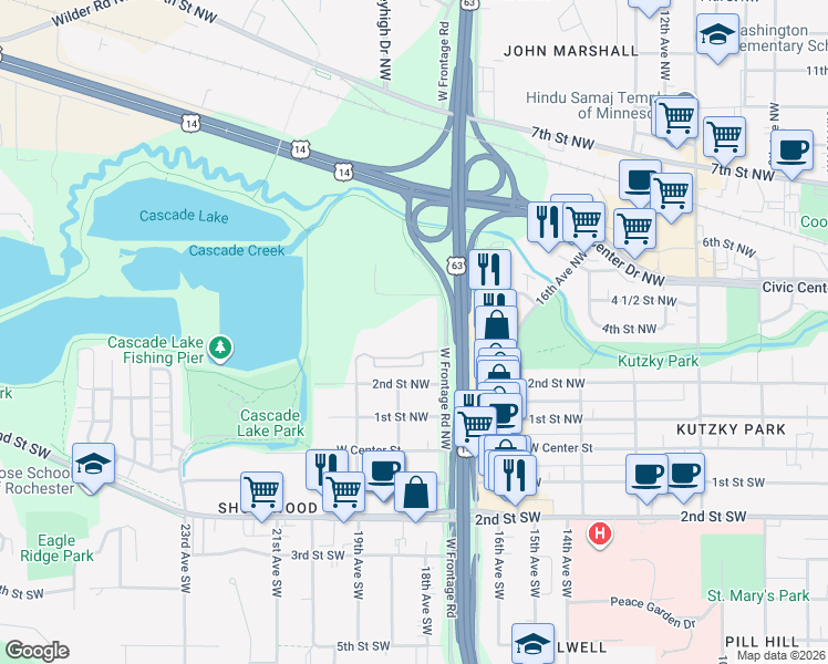 map of restaurants, bars, coffee shops, grocery stores, and more near 1805 Quarry Ridge Place Northwest in Rochester